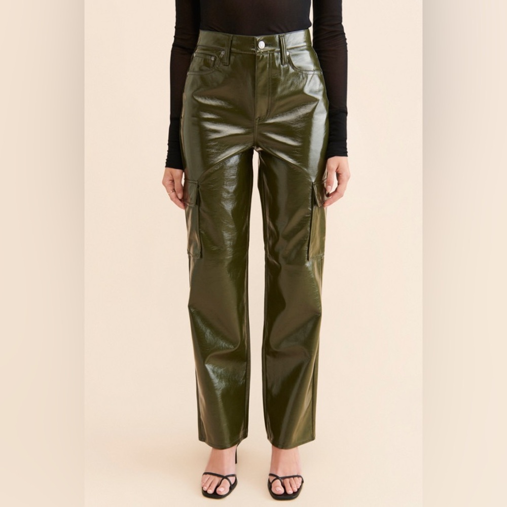 Pistola x Anthropologie Olive Green Cassie Faux Leather Cargo Jeans Pants sz 26